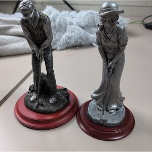 Golf Figurine Male & Female Putting Mounted Pewter Art Decor Lot Of 2